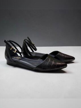 Seychelles Black Croc-Embossed Pointed Flats with Ankle Strap